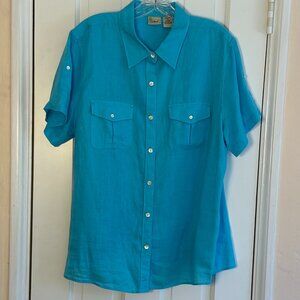 LL Bean Light Turquoise Linen Short-sleeve Button-front Shirt, Size: XL